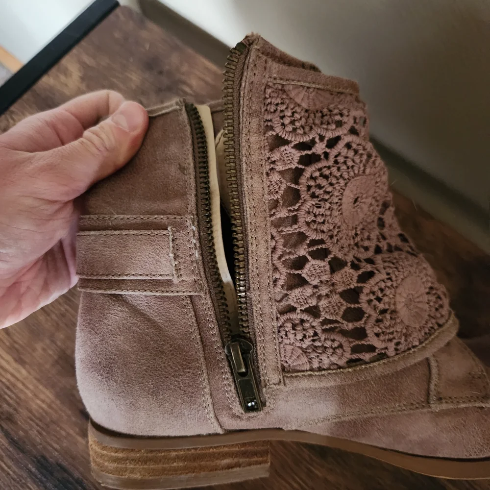 Not Rated Brown Crochet Lace Suede-Look Ankle Booties